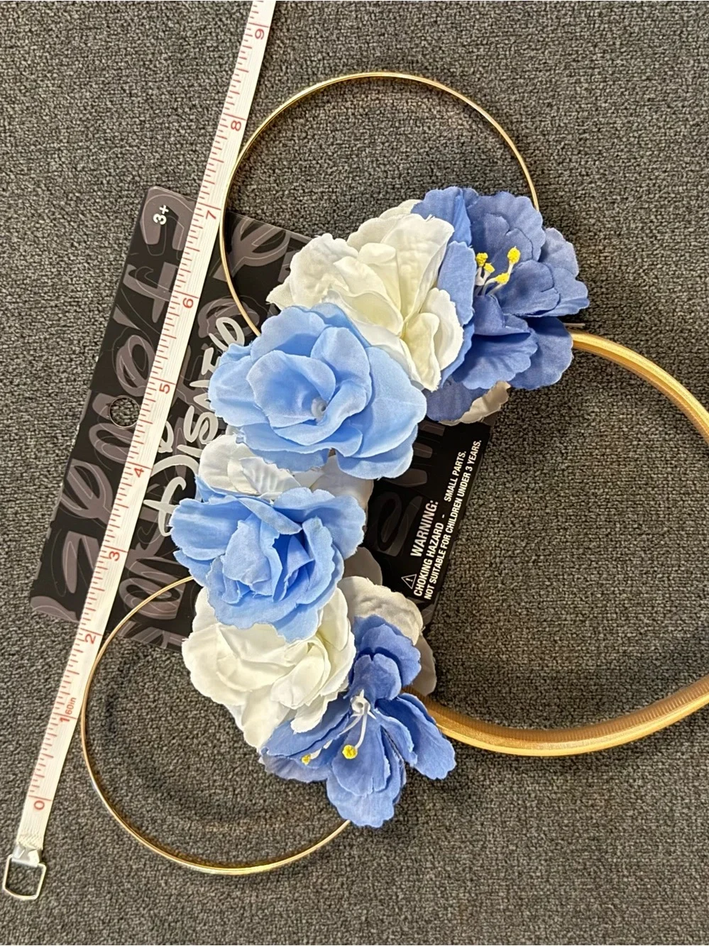 Disney Gold Minnie Ear Headband with Blue and White Fabric Flowers